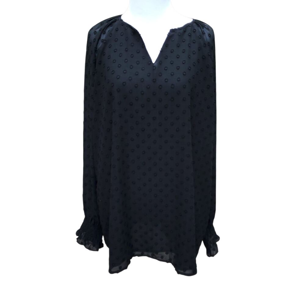 Chico's Sz 3 Black Swiss Dot Top Shirred Cuff V-neck Long Sleeve Chicos XL 16